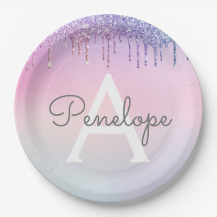 Rainbow Glitter Dripping Glam With Monogram Paper Plate
