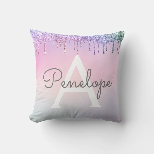 Rainbow Glitter Dripping Glam With Monogram Throw Pillow (Front)