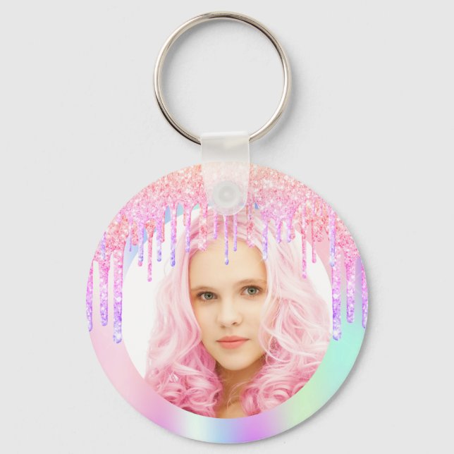 Rainbow glitter drips custom photo pink keychain (Front)