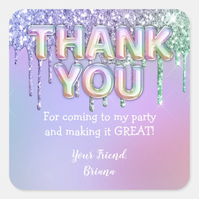 Rainbow Glitter Drips Girl Birthday Party Favour Square Sticker (Front)