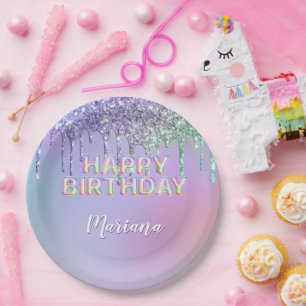 Rainbow Glitter Drips Girl Birthday Party Paper Plate