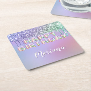 Rainbow Glitter Drips Girl Birthday Party Square Paper Coaster