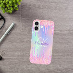 Rainbow glitter drips pink monogram iPhone 16 case<br><div class="desc">A trendy holographic background with unicorn and rainbow pastel colours in pink, purple, rose gold, mint green. Decorated with faux glitter drips in rose gold, pink and purple. Personalize and add a name, and monogram initials Purple and white coloured letters. A bit of everyday glam to brighten up your day!...</div>