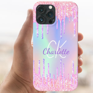 Rainbow glitter drips pink monogram iPhone 15 pro case