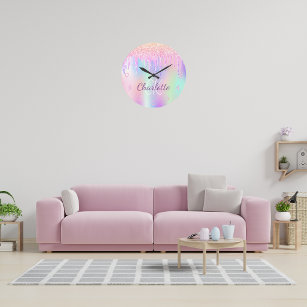 Rainbow glitter drips pink monogram large clock