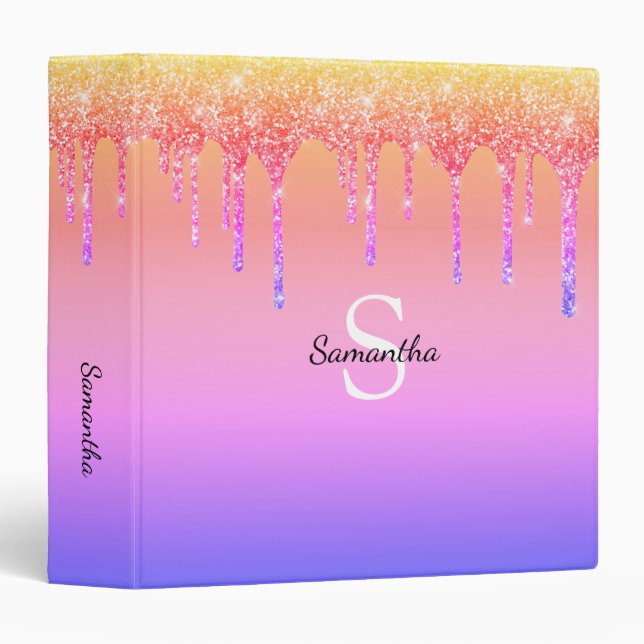 Rainbow Glitter Drips Sparkle Monogram Name Binder (Front/Spine)