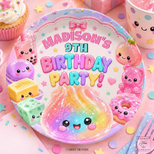Rainbow Glitter Dumpling Squishies Birthday Party Paper Plate