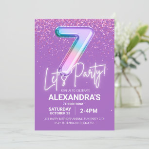 Rainbow Glitter Girl 7th Birthday Balloon Neon  Invitation