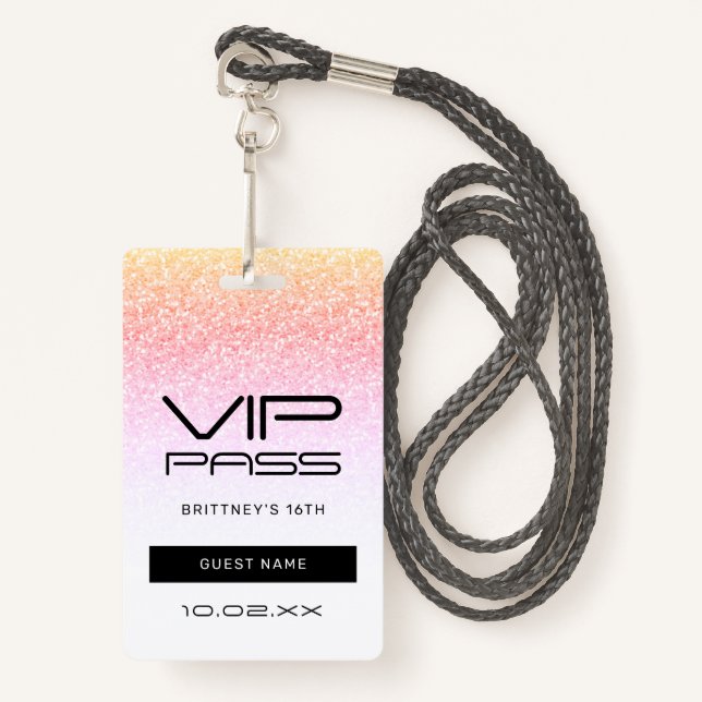 Rainbow Glitter Glam VIP Pass 16th Invitation Badge (Front with Lanyard)