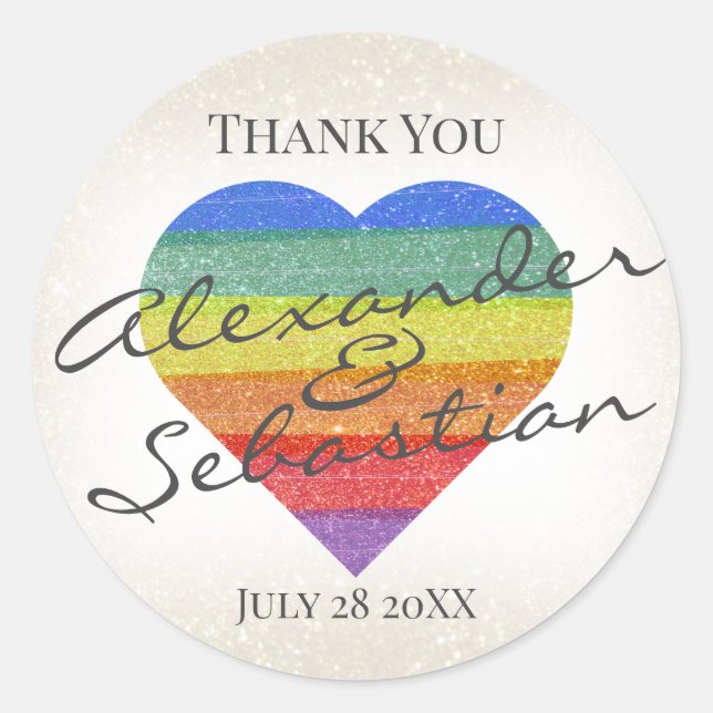 Rainbow Glitter Heart Custom Names and Date Classic Round Sticker (Front)
