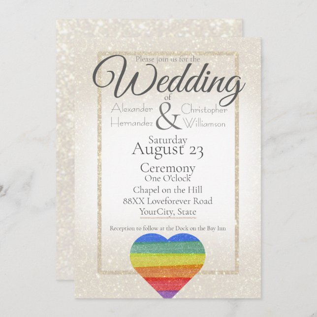 Rainbow Glitter Heart on Ivory Gold Glitter Invitation (Front/Back)