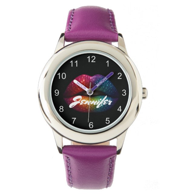 rainbow glitter lips personalized girly stylish  watch (Front)