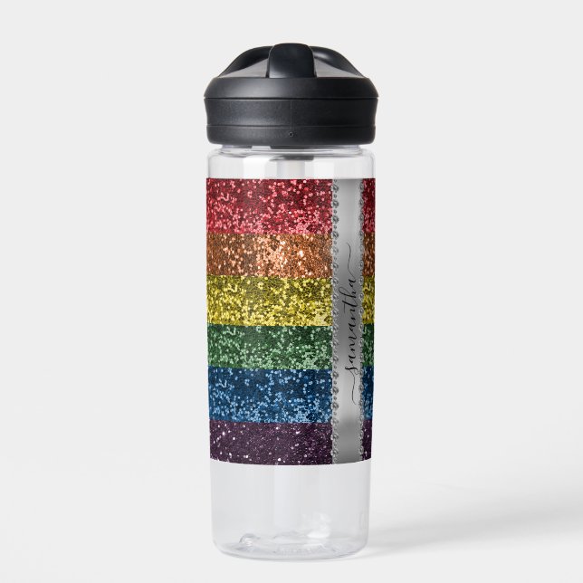 Rainbow Glitter Look Personalized Name Water Bottle (Front)