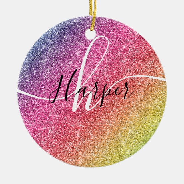Rainbow Glitter Monogram Name Ceramic Ornament (Front)