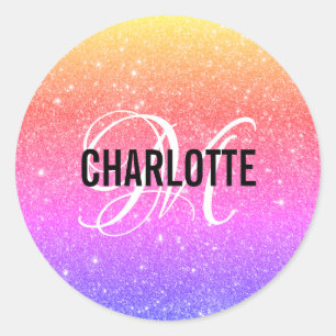 Rainbow Glitter Monogram Name   Classic Round Sticker