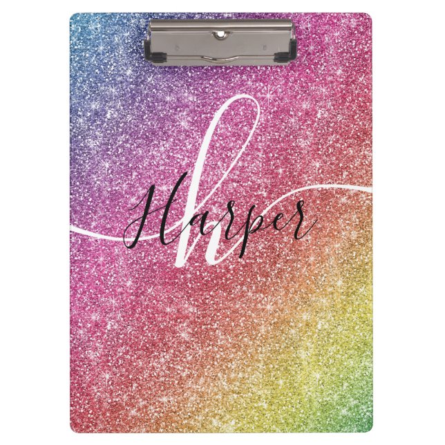 Rainbow Glitter Monogram Name Clipboard (Front)