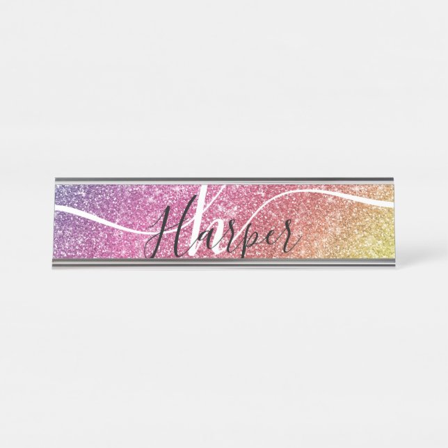 Rainbow Glitter Monogram Name Desk Name Plate (Front)
