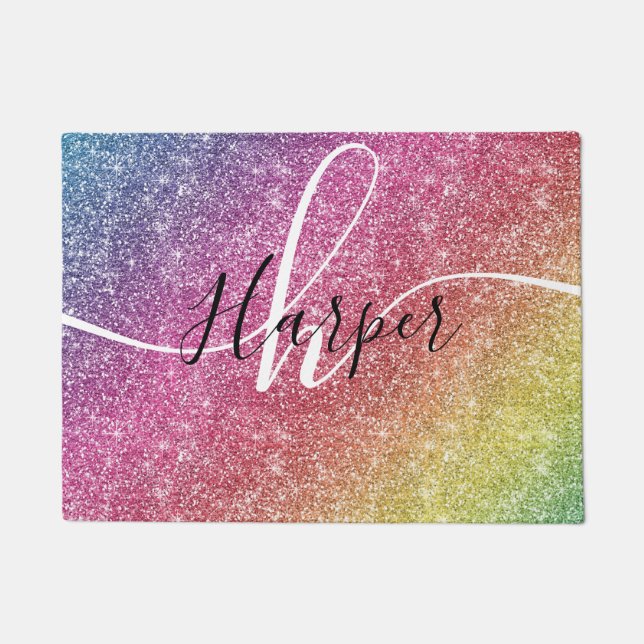 Rainbow Glitter Monogram Name Doormat (Front)