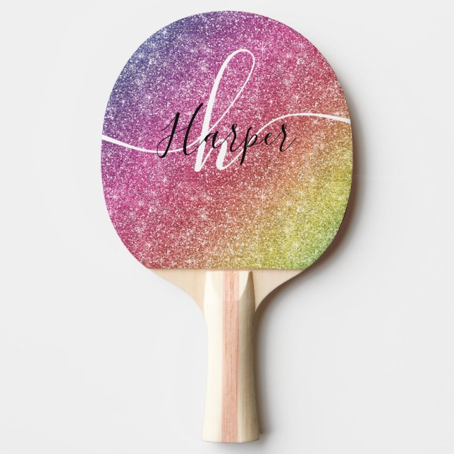 Rainbow Glitter Monogram Name Ping Pong Paddle (Front)