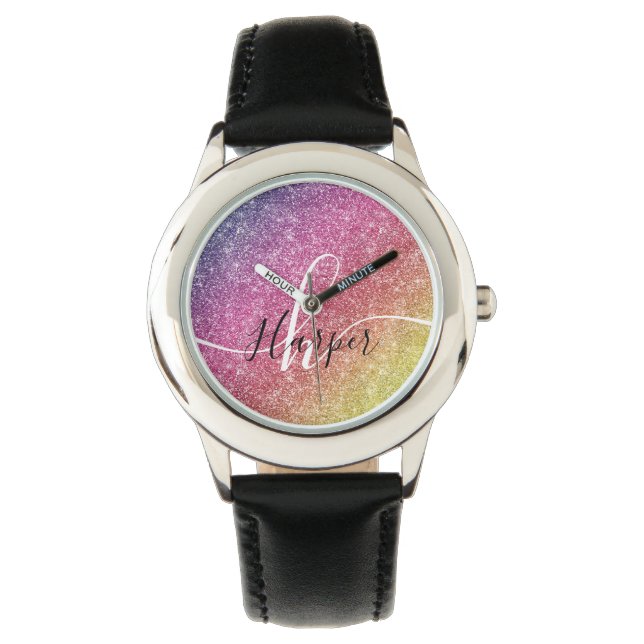 Rainbow Glitter Monogram Name Watch (Front)