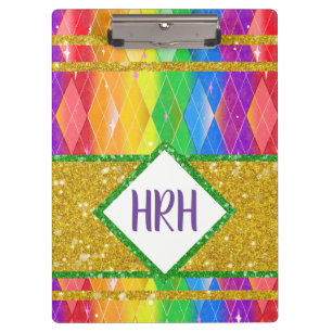 Rainbow Glitter Monogram Pride Argyle Diamond Clipboard