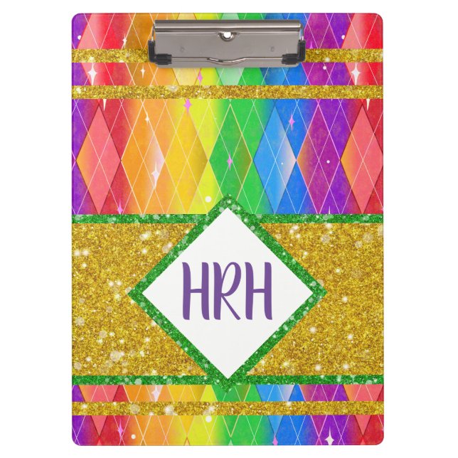 Rainbow Glitter Monogram Pride Argyle Diamond Clipboard (Front)