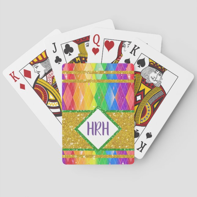 Rainbow Glitter Monogram Pride Argyle Diamond Playing Cards (Back)