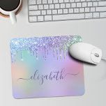 Rainbow Glitter Personalized Mouse Pad<br><div class="desc">Cute girly mouse pad featuring unicorn-coloured rainbow faux dripping glitter against a background of purple,  pink,  blue,  green and yellow. Personalize with your name in a stylish trendy purple script.</div>