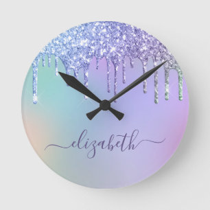Rainbow Glitter Personalized Round Clock