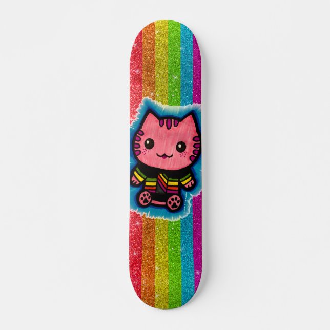 Rainbow Glitter Pink Kitty Cat Optical Illusion Sk Skateboard (Front)