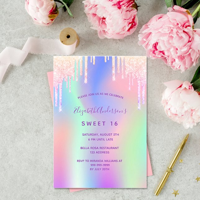 Rainbow glitter pink rose gold Sweet 16 birthday Invitation (Creator Uploaded)