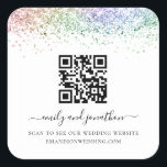 Rainbow Glitter QR Code Wedding Website  Square Sticker<br><div class="desc">Rainbow Glitter QR Code Wedding Website. A faux glitter border and elegant script with swashes for your names.  The text can be easily personalised.</div>