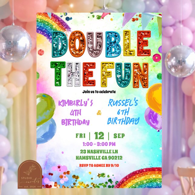 Rainbow Glitter Sequin Sibling Birthday Invitation (Créateur téléchargé)