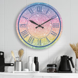 Rainbow Glitter Sparkle Girly Large Clock<br><div class="desc">Add a touch of sparkle and magic to your space with this beautiful rainbow glitter wall clock. The vibrant ombre glitter design transitions from pink to blue, creating a mesmerizing effect. Roman numerals in a dark blue hue add a touch of sophistication. This eye-catching clock is perfect for any room...</div>