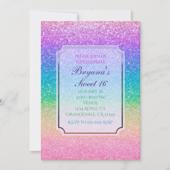 Rainbow Glitter Sparkle Glam Party Invitations (Front)