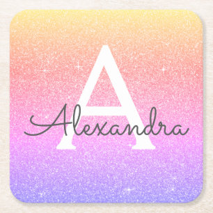 Rainbow Glitter & Sparkle Monogram Birthday Square Paper Coaster