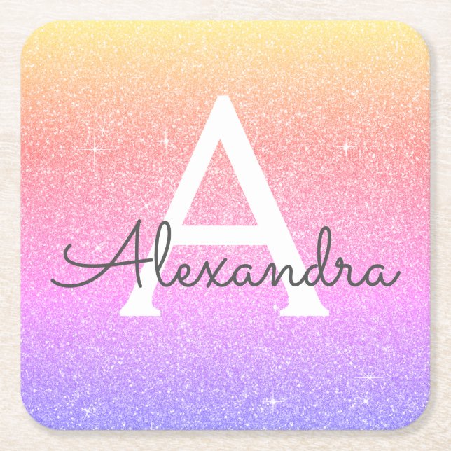 Rainbow Glitter & Sparkle Monogram Birthday Square Paper Coaster (Front)