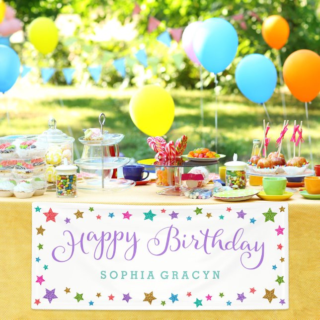 Rainbow Glitter Stars Purple Happy Birthday Banner (Creator Uploaded)