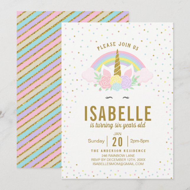 Rainbow Glitter Unicorn Birthday Party Invitation (Front/Back)