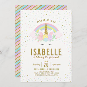 Rainbow Glitter Unicorn Birthday Party Invitation