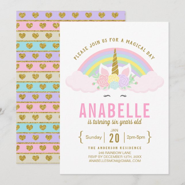 Rainbow Glitter Unicorn Birthday Party Invitation (Front/Back)