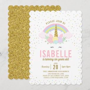 Rainbow Glitter Unicorn Birthday Party Invitation