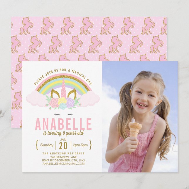 Rainbow Glitter Unicorn Photo Birthday Invitation (Front/Back)