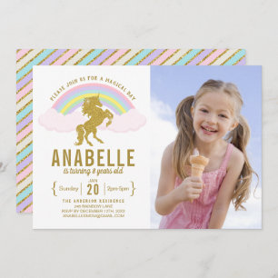 Rainbow Glitter Unicorn Photo Birthday Invitation