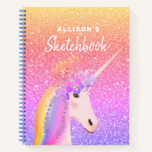 Rainbow Glitter Unicorn Sketchbook Personalized Notebook