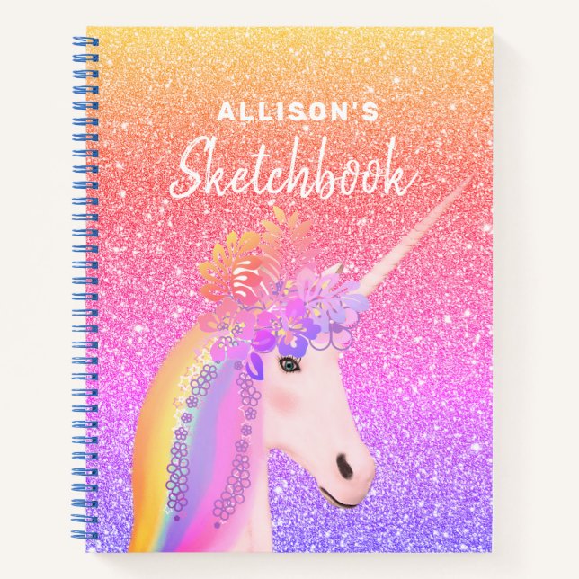 Rainbow Glitter Unicorn Sketchbook Personalized Notebook (Front)