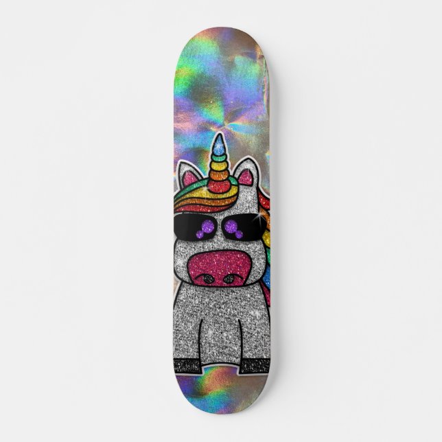 Rainbow Glitter Unicorn Sparkly Chrome Holographic Skateboard (Front)