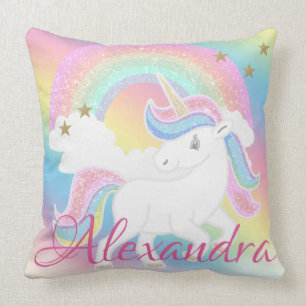 Rainbow Glitter Unicorn with Custom Name Throw Pillow