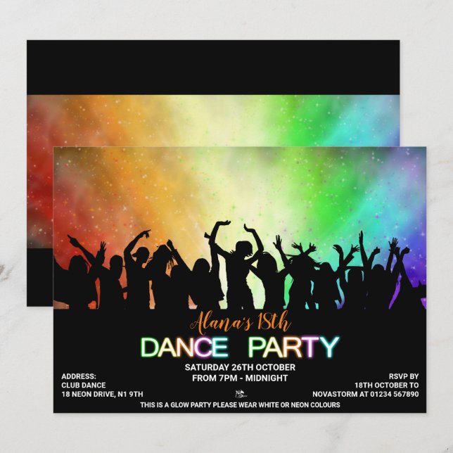 Rainbow Glow Dance Party Invitations (Front/Back)