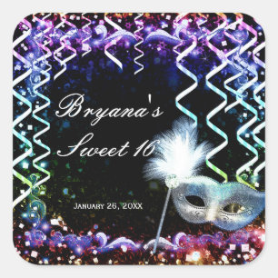 Rainbow Glow Masquerade Mask Birthday Party Square Sticker